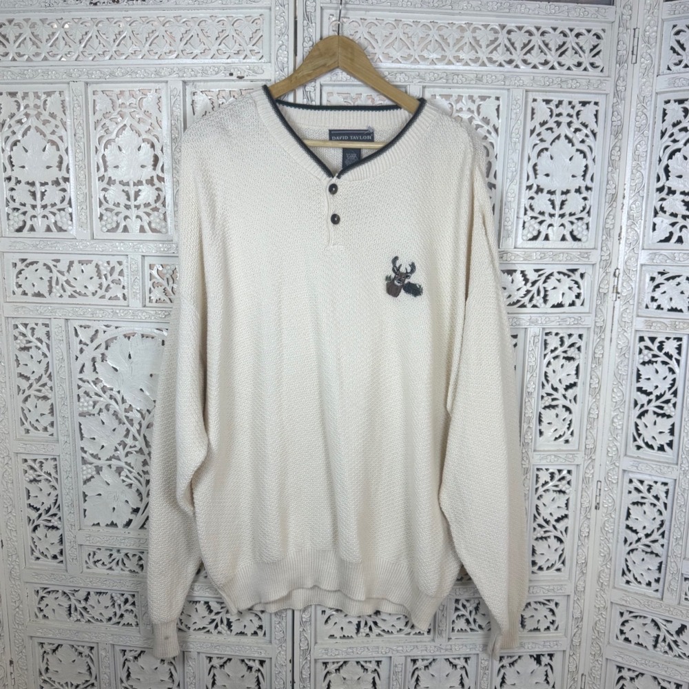 Vtg‎ Deadstock Chunky Henley Sweater Mens XLarge Hunting Deer Textured 90's